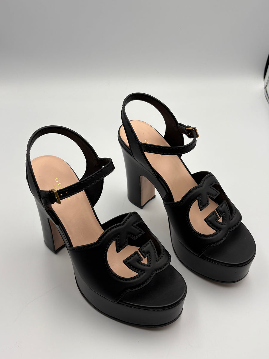 Sandales Gucci Plateforme Interlocking G — Cuir Noir — T.38
