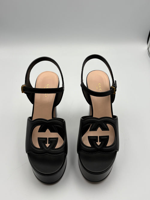 Sandales Gucci Plateforme Interlocking G cuir noir T.38 — vue 2